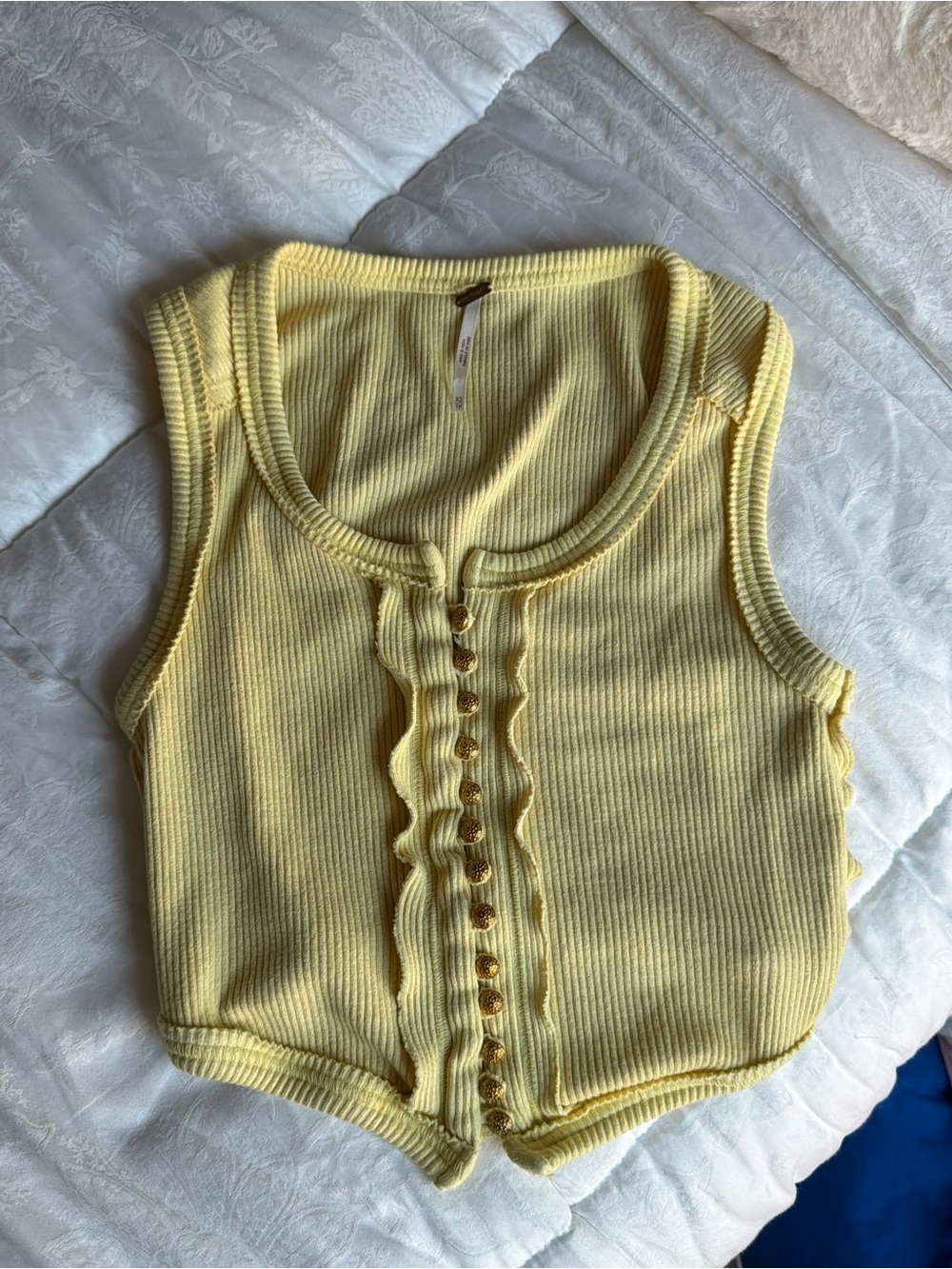 Free People Yellow Ribbed Knit Tank Top with Ruffle Button Front